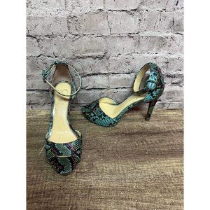 Jessica Simpson Heels Women’s Teal Blue Purple Snake Print Size 8 Open Toe 4” He